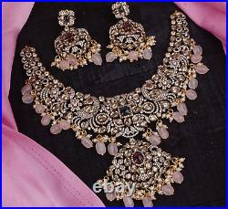 Indian Bollywood Style CZ Gold Plated Victorian Necklace Pink Pearl Jewelry Set