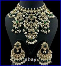 Indian Bollywood Style Gold Plated CZ Kundan Pearl Choker Necklace Jewelry Set