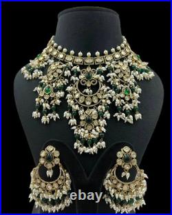 Indian Bollywood Style Gold Plated CZ Kundan Pearl Choker Necklace Jewelry Set