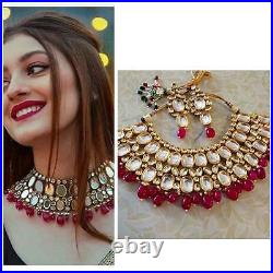Indian Bridal Statement Gold Plated Oval Shape Design Kundan & Beads Jewelry Set