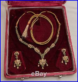 Indian Gold 22 KT Emerald Pearl Bridal Necklace Earrings Set Jewelry 42 gram