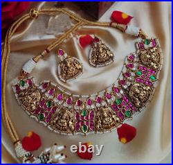 Indian Gold Plated Bollywood Choker Necklace Pearl Temple Nagas Ruby Jewelry Set