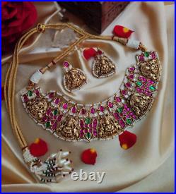 Indian Gold Plated Bollywood Choker Necklace Pearl Temple Nagas Ruby Jewelry Set