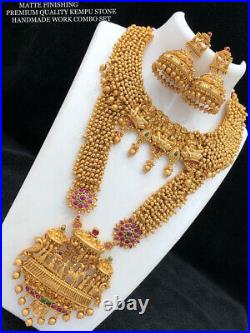 Indian Gold Plated Bollywood Style Chain Necklace Pearl Temple Kasu Jewelry Set