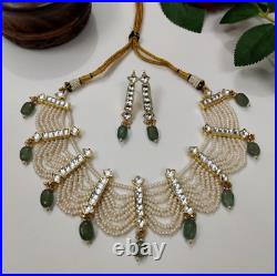 Indian Gold Plated Bollywood Style Choker Kundan Real Pearl Necklace Jewelry Set