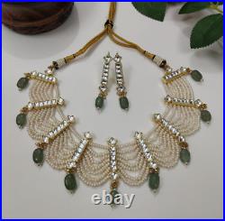 Indian Gold Plated Bollywood Style Choker Kundan Real Pearl Necklace Jewelry Set