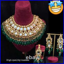 Indian Gold Plated Kundan Beads Small Pearl Wedding Bridal Meenakari Jewelry Set