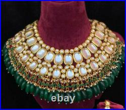 Indian Gold Plated Kundan Beads Small Pearl Wedding Bridal Meenakari Jewelry Set