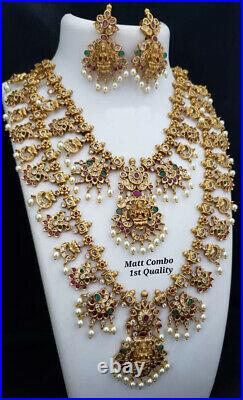 Indian Gold Plated Matt Finish Pearl Necklace Set Long Choker Red Women Jewelry