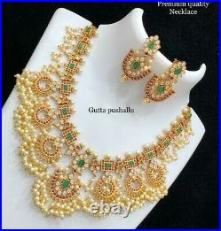 Indian Gold Plated Statement Choker Necklace Set Ethnic Pearl CZ AD Jewelry