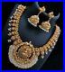 Indian-Gold-Tone-Matt-Finish-Statement-Necklace-Set-Ethnic-Pearl-Kasu-Jewelry-01-qpek