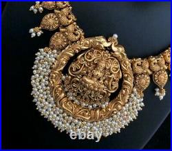 Indian Gold Tone Matt Finish Statement Necklace Set Ethnic Pearl Kasu Jewelry
