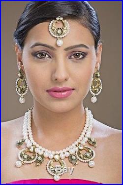 Indian Handcrafted White Pearls Gold Plated Kundan Bridal Necklace Jewelry Set