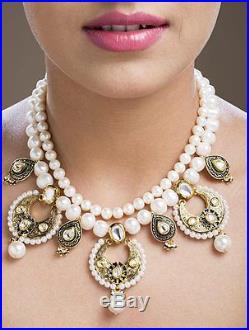 Indian Handcrafted White Pearls Gold Plated Kundan Bridal Necklace Jewelry Set