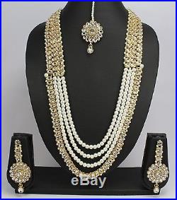 Indian Jewelry New Pearl Kundan Wedding Necklace Set Earring Tikka Rani Haar