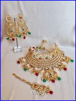Indian Pakistani Bollywood gold pearl Bridal Jewellery necklace Earrings set UK