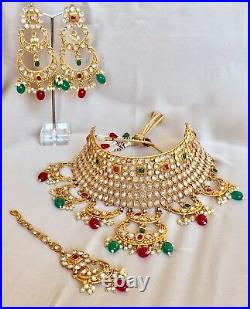 Indian Pakistani Bollywood gold pearl Bridal Jewellery necklace Earrings set UK