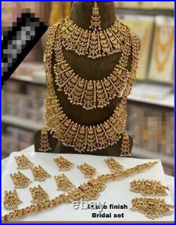 Indian Pearl Gold Necklace Bridal Bollywood Wedding 8Pc Jewelry Earring Tika Set