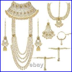 Indian Pearl Gold Necklace Cho Bridal Choker Wedding 5 Pc Jewelry Earring Set