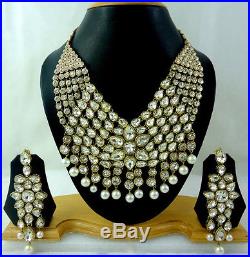 Indian White Cz Pearl Gold Tone Bollywood Bib Style Necklace Jewelry Set 4 Pcs