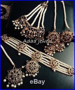 Indian jewellery set, gold Black earrings necklace Tika Jhumar Pearls Bridal