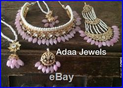 Indian jewellery set gold earrings necklace Tika Jhumar Pearls Choker Baby Pink