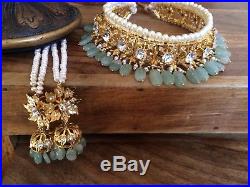 Indian jewellery set gold earrings necklace Tika Jhumar Pearls Choker Mint Green