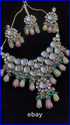 Indian kundan pearls necklace gold plated meenakari necklace wedding jewelry