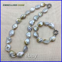 Irregular Pearl Necklace Bracelet Set White Golden Thickness Flat Oval Shape