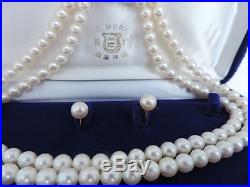 Japanese Akoya Pearl Necklace W Silver Catch & 18k Gold Earrings Set Box Japan