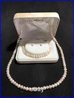 JC PENNEY 14k GOLD PINK CULTURED PEARL SET BRACELET, NECKLACE AND EARRINGS