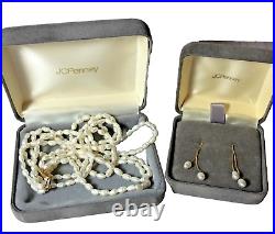 JCPenney Rice Pearl Jewelry set necklace & Earrings 14k gold clasp multi strand