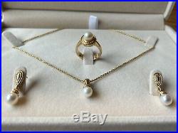 James Avery 14k Yellow Gold Beaded Pearl Earrings, Necklace & Ring Set (Retired)