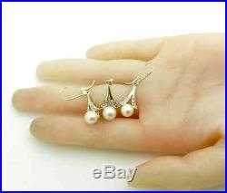 Jewelry Set 14k White Gold Dangle Earrings Pendant Pearl Diamond Accent 5.5 gr