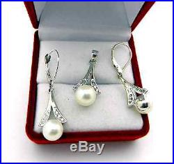 Jewelry Set 14k White Gold Dangle Earrings Pendant Pearl Diamond Accent 5.5 gr