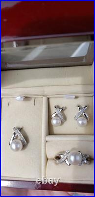 Jewelry Set White Gold 10K Pearl Ring Size 10 Earrings and Necklace Set