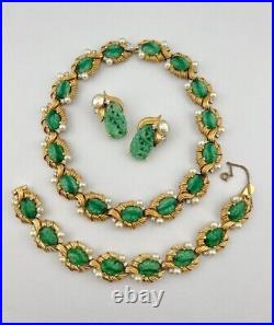 Joseph Mazer Gold Tone Carved Green Jade Glass & Pearl Rhinestone Necklace Set