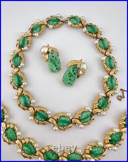 Joseph Mazer Gold Tone Carved Green Jade Glass & Pearl Rhinestone Necklace Set