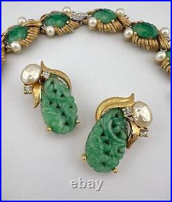 Joseph Mazer Gold Tone Carved Green Jade Glass & Pearl Rhinestone Necklace Set