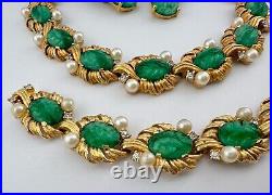 Joseph Mazer Gold Tone Carved Green Jade Glass & Pearl Rhinestone Necklace Set