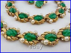 Joseph Mazer Gold Tone Carved Green Jade Glass & Pearl Rhinestone Necklace Set