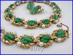 Joseph Mazer Gold Tone Carved Green Jade Glass & Pearl Rhinestone Necklace Set