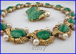 Joseph Mazer Gold Tone Carved Green Jade Glass & Pearl Rhinestone Necklace Set