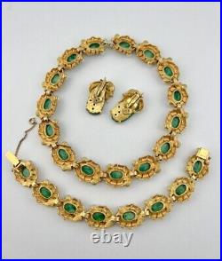 Joseph Mazer Gold Tone Carved Green Jade Glass & Pearl Rhinestone Necklace Set