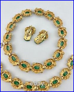 Joseph Mazer Gold Tone Carved Green Jade Glass & Pearl Rhinestone Necklace Set