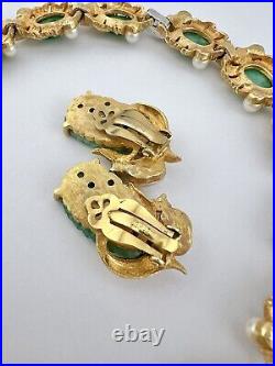 Joseph Mazer Gold Tone Carved Green Jade Glass & Pearl Rhinestone Necklace Set