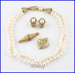 Judith Ripka 18k Gold Diamond Pearl Jewelry Set Necklace Earrings Pendant Brooch