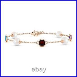 June Birthstone 6MM Akoya Pearl Bracelet with Bezel-Set Gemstones in Rose Gold