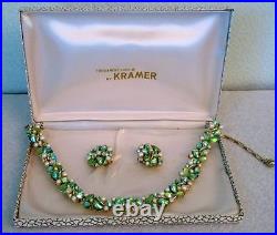 KRAMER American Vintage Green Crystal and Pearl Necklace & Clip on Earrings Set