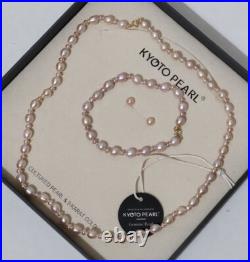 KYOTO PEARL Genuine Freshwater Pink 18 9ct Gold Necklace Earrings Bracelet Set